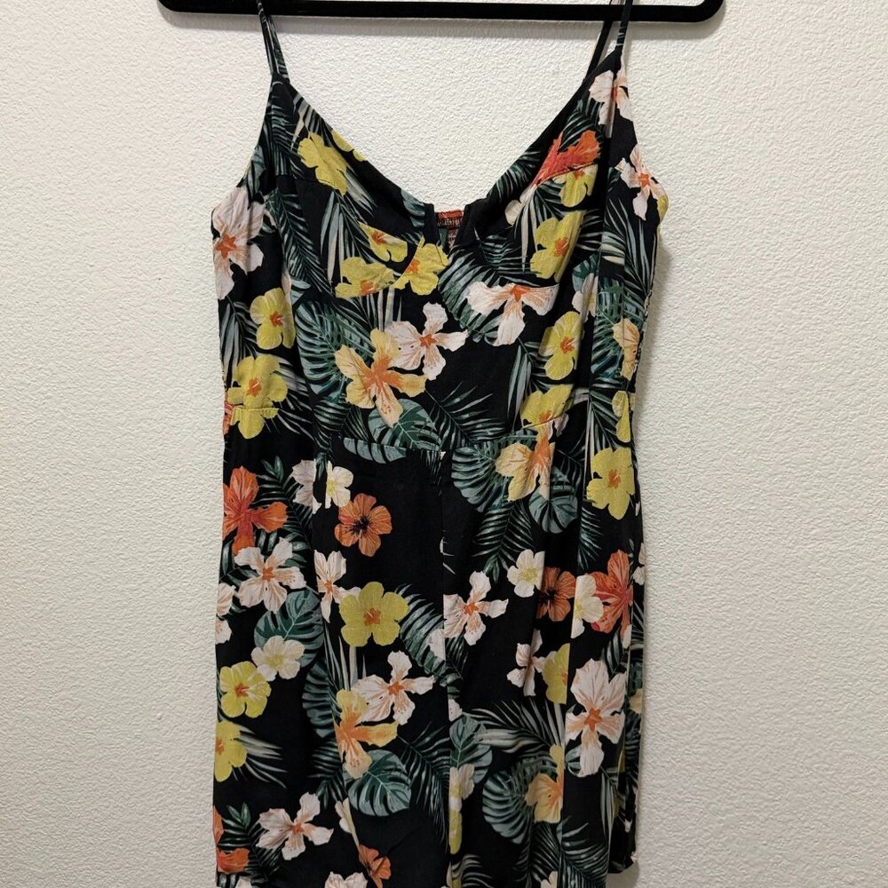 Wild Fable sleeveless black floral romper, ruched back, spaghetti strap, XL